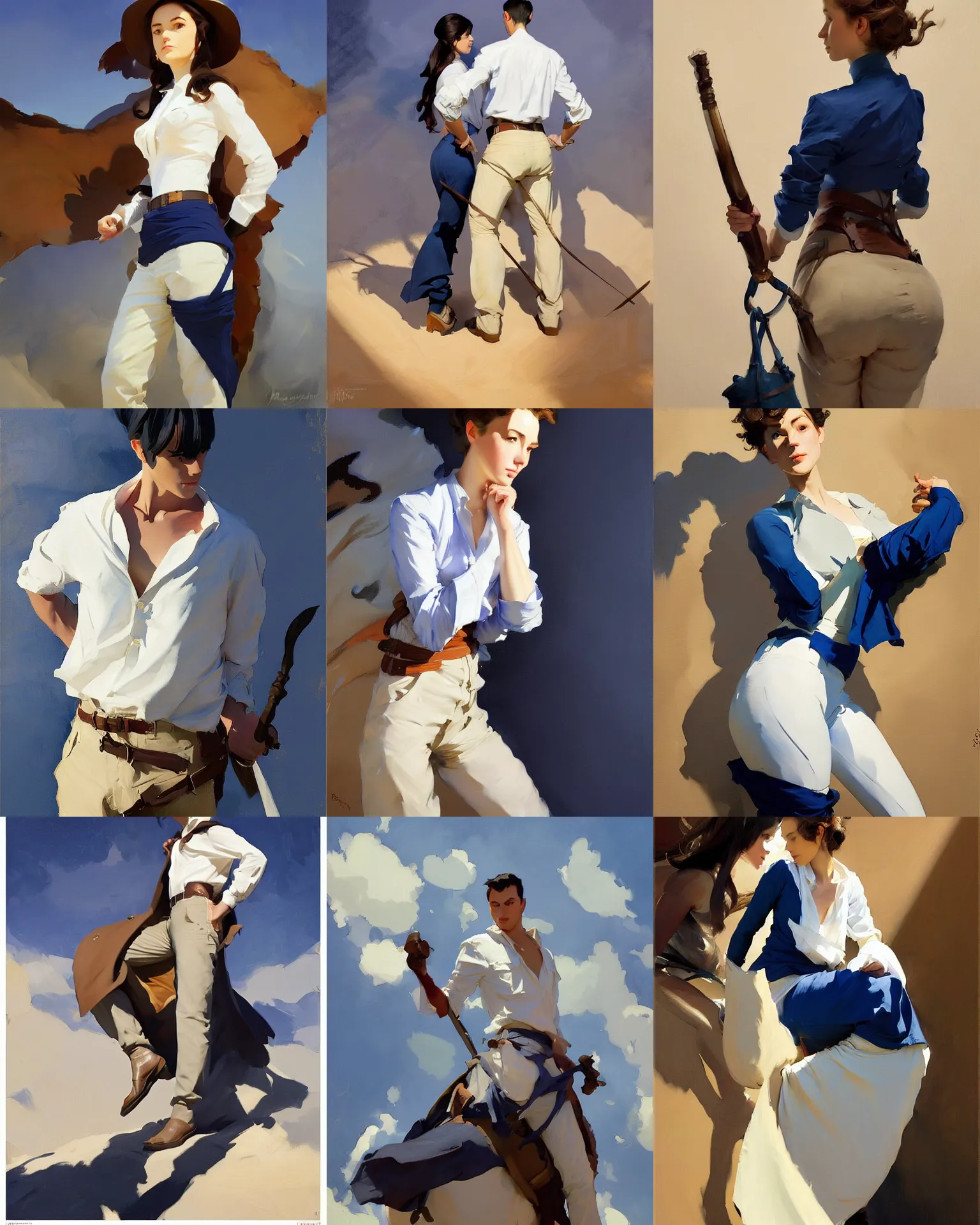 Prompt: white brown deep blue cloth fabric jodhpurs greg manchess painting by sargent and leyendecker, studio ghibli, fantasy, medium shot, asymmetrical, intricate, elegant, matte painting, illustration, hearthstone, by rhads by greg rutkowski, by greg tocchini, by james gilleard, by joe fenton