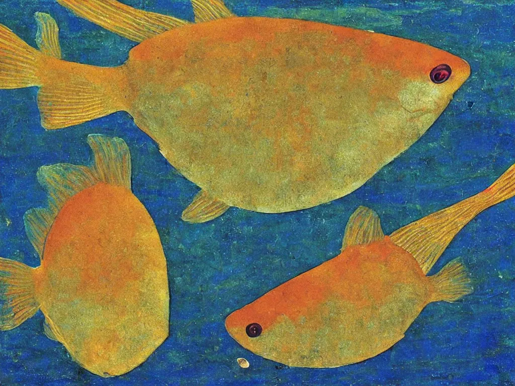 Image similar to close up of exotic, beautiful fish. lapis lazuli, malachite, cinnabar, gold. painting by piero della francesca, balthus, agnes pelton