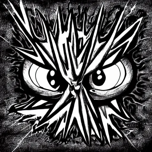 Prompt: cute little satan drawing with big eyes black and white, ink pen, metal music grindcore album cover style, handwriting, metal band name typography