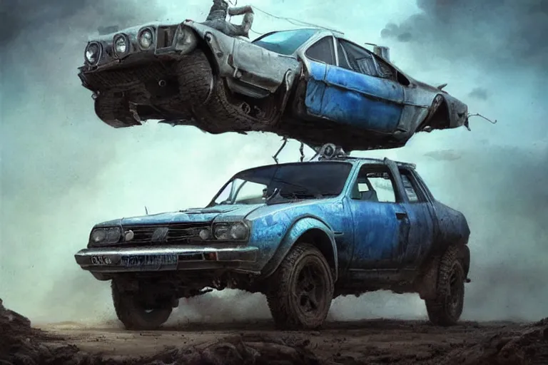 Prompt: Dacia 1310 in Mad Max, coriolios rpg art style, full of details, dark sci-fi, cold blue colors, matte painting, artstation, 8k, hyperrealistic, style of peter mohrbacher