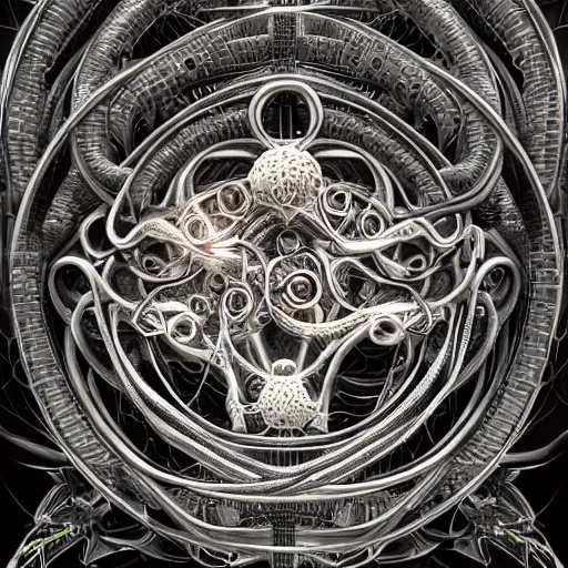 Prompt: biomechanical ouroboros, surrounded with neural networks, fantasy illustration, trending on artstation, deviantart, very realistic, 4k