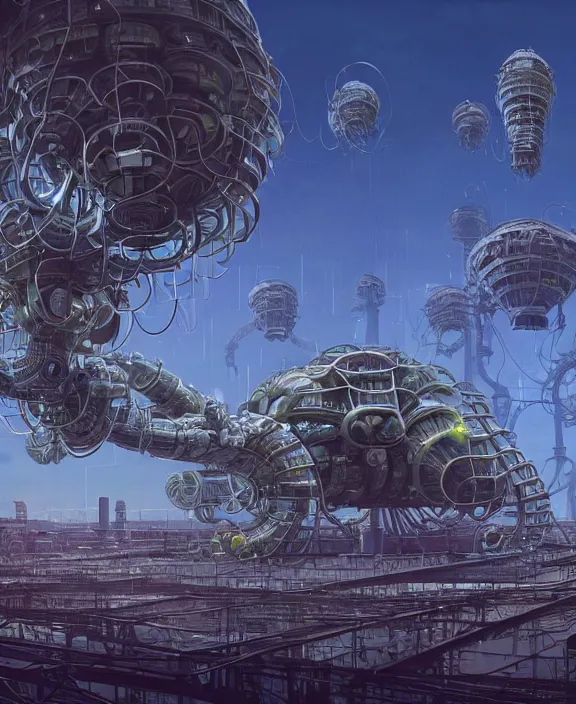 Image similar to a giant industrial plant made out of isopod wasp octopus, in the style of a spaceship, overgrown with orchids, godbeams, partly cloudy, somber, dramatic lighting, by geof darrow, dan mumford, yusuke murata, makoto shinkai, ross tran, cinematic, unreal engine, cel shaded, featured on artstation, pixiv