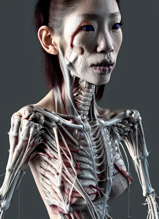 Image similar to 3 / 4 portrait, geisha girl with transparent skin, visible muscle and bones and veins and nerves, david cronenberg, hyperrealism, detailed textures, photorealistic 3 d cyberpunk apocalyptic city, futuristic clothing and helmet, ultra realistic, cinematic, intricate, cinematic light, unreal engine 8 k, octane render, unreal engine by david kostic and stanley lau and artgerm