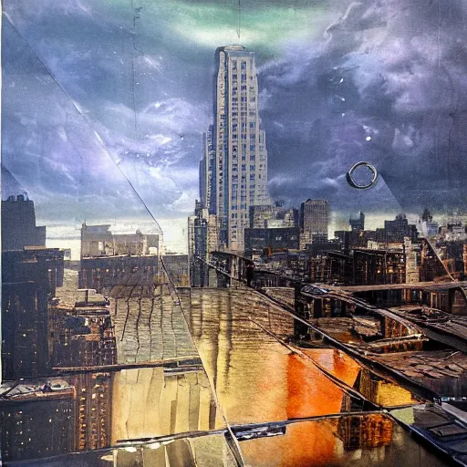 Image similar to photorealistc full - color painting of a broken and distorted mirror reflecting a nightmarish boston downtown skyline in 1 9 2 5 at night with a horrifying sky, aerial view, dark, brooding, night, atmospheric, horror, cosmic, ultra - realistic, smooth, highly detailed by dave dorman