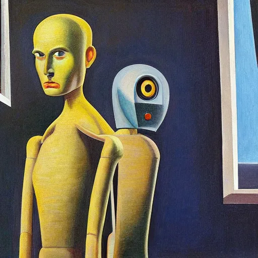 Image similar to super - intelligent robot with kind eyes portrait, grant wood, pj crook, edward hopper, oil on canvas