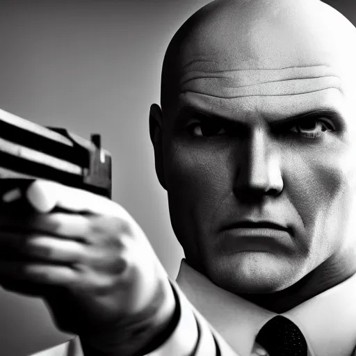 Prompt: agent 4 7 point his gun toward the camera. 5 0 mm, macro, photo, black and white.