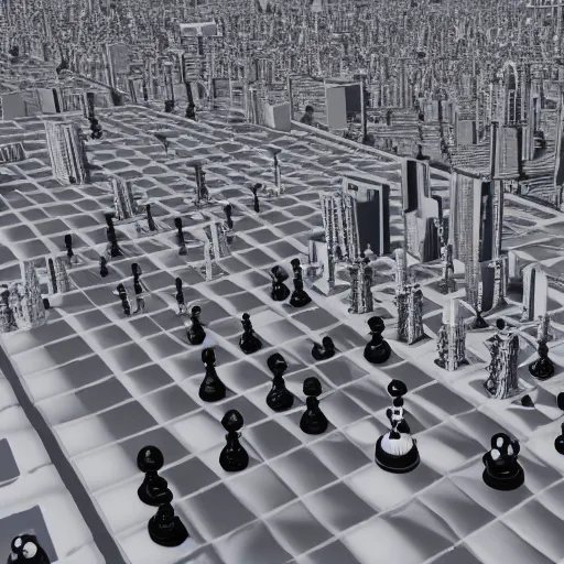 Image similar to A bird's-eye view of the city made of white chess pawns, unreal engine