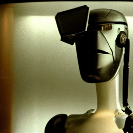 Prompt: movie scene of a man with a robot head screaming, movie still, cinematic composition, cinematic light, criterion collection, reimagined by industrial light and magic, Movie by David Lynch and Ridley Scott