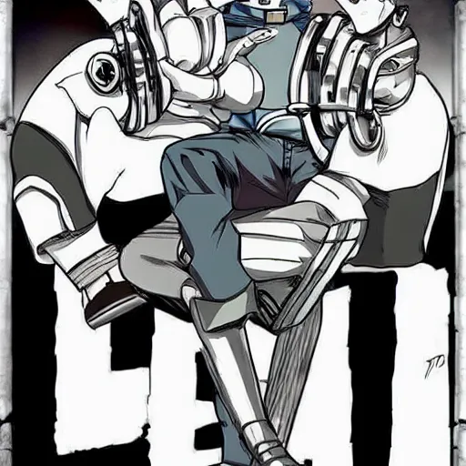 Image similar to old mechanic, jojo anime style