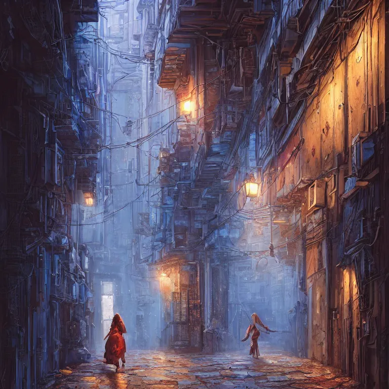 Prompt: hyperrealistic and beautiful painting of an alley way within a grand city, wanderers traveling from afar, a woman walking, classical architecture, technological lights, screens, cyberpunk style, 8 k resolution, by hugh ferris and john smith, polished, fine detail, intricate, blue color scheme, cyberpunk style, smooth, octane, concept art, trending on artstation