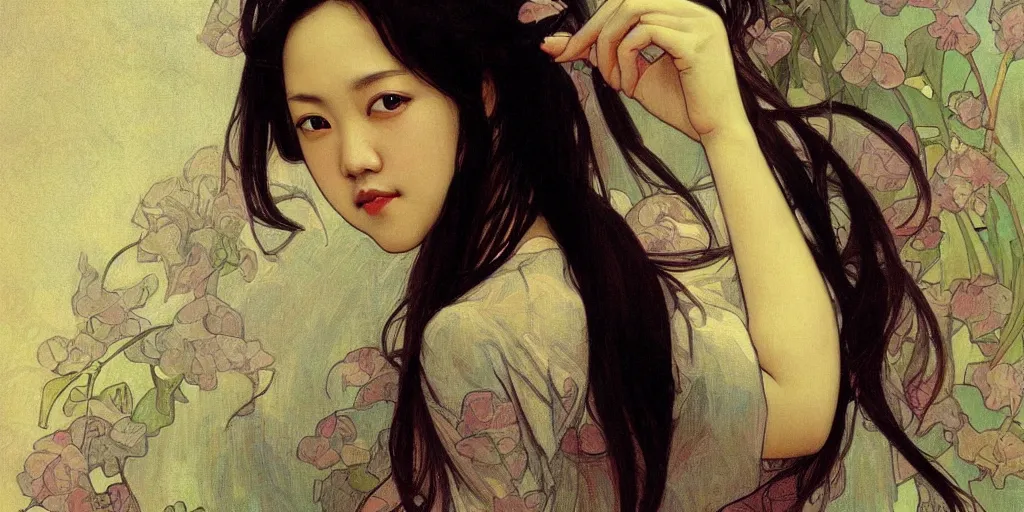 Prompt: a portrait of a very seductive Tang Wei, in the style of WLOP and Alphonse Mucha and Ross Tran, realistic, seductive, closeup, facing the camera, dramatic lighting