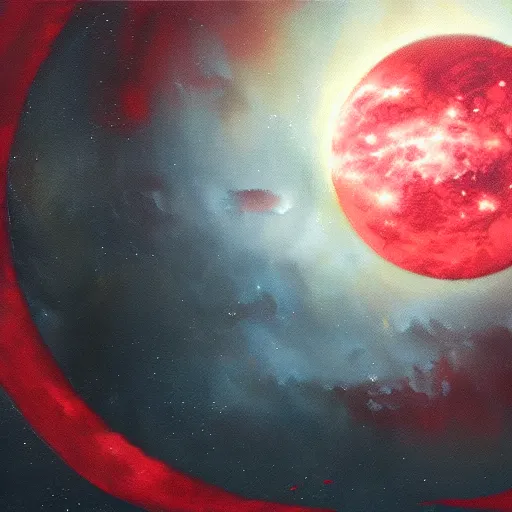 Prompt: blood red cresent moon, cyberpunk, galaxy, oil painting