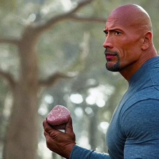 Image similar to dwayne johnson picking up a rock that looks like kevin heart. photo