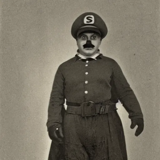 Image similar to a daguerrotype photo of super mario brothers cosplayer, very early film stock, 1 8 0 0 s, vintage