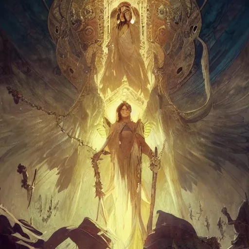 Prompt: book of enoch, angels capture demons with huge chains and send them to hell, by greg rutkowski and tezuka and oi and mucha and remington, trending on artstation