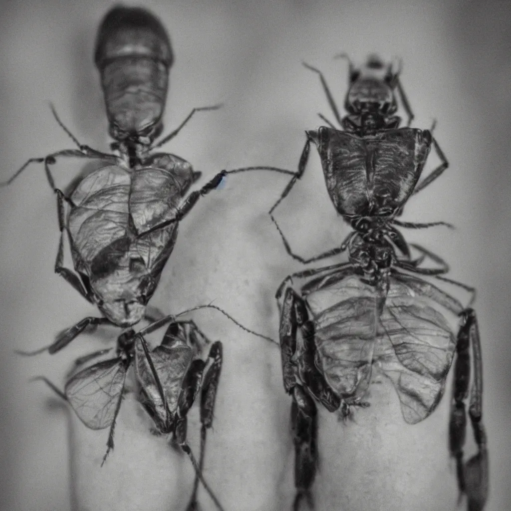 Image similar to an insect men half body view portrait in kodak 7 0 s film look