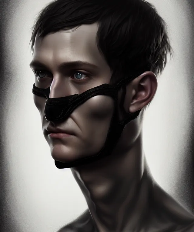 Prompt: white man with black fabric medical mask, short dark hair, highly detailed face!!!, true anatomy!, extremely detailed!, digital painting, unreal engine 5, art by tom bagshaw