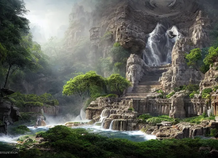 Prompt: The temple of the gods of nature, intricate details, vast open interior, amazing and tall waterfalls, dramatic lighting, digital art, trending on Artstation, dark, hyper-realistic, detailed