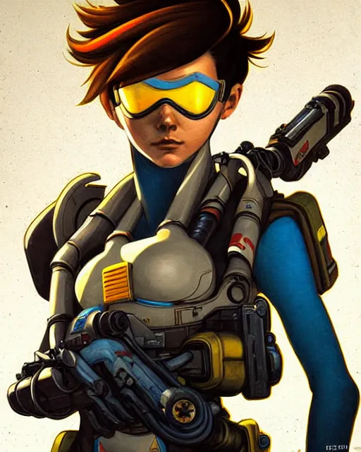 Image similar to tracer from overwatch, character portrait, portrait, close up, concept art, intricate details, highly detailed, vintage sci - fi poster, retro future, in the style of chris foss, rodger dean, moebius, michael whelan, and gustave dore