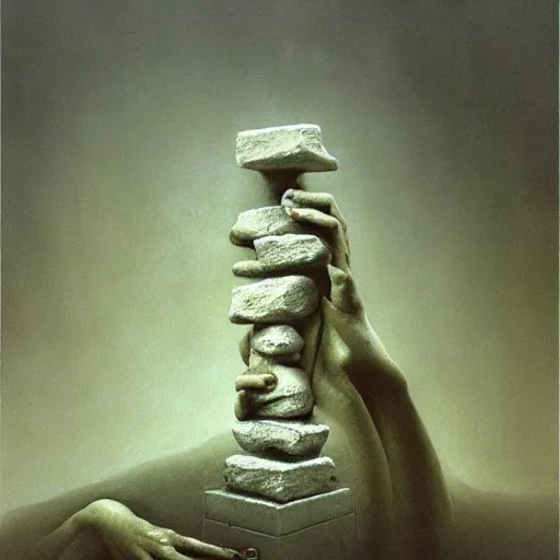 Prompt: arm reaching out of thick fog, marble tablets, zdzislaw beksinski