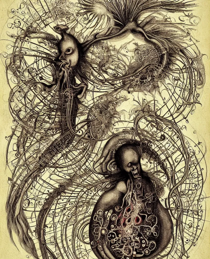 Image similar to whimsical freaky creature sings a unique canto about'as above so below'being ignited by the spirit of haeckel and robert fludd, breakthrough is iminent, glory be to the magic within, painted by ronny khalil