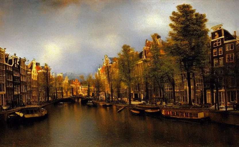 Prompt: Amsterdam in the !!Alps!!, oil painting by Rembrandt, highly detailed, textured brushstrokes