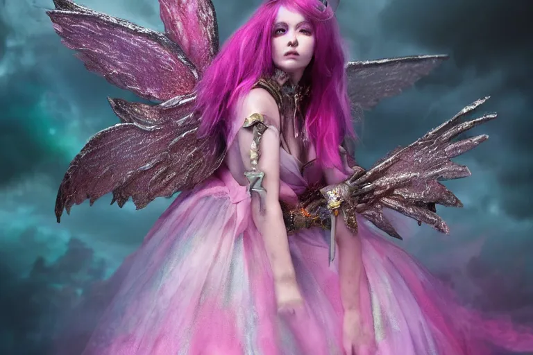 Image similar to pink iridescent battle armor on a fairy by eiko ishioka, 8K, detailed, HD, fairytale, dark tones, horror film, scary, matte painting, fantasy, full of colors, CGSociety, matte painting, realistic materials, photo-realistic, postprocessing, realistic, cinematic style, 35mm