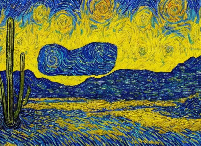 Image similar to painting of a desert oasis at night, inspired by Starry Night, Vincent Van Gogh