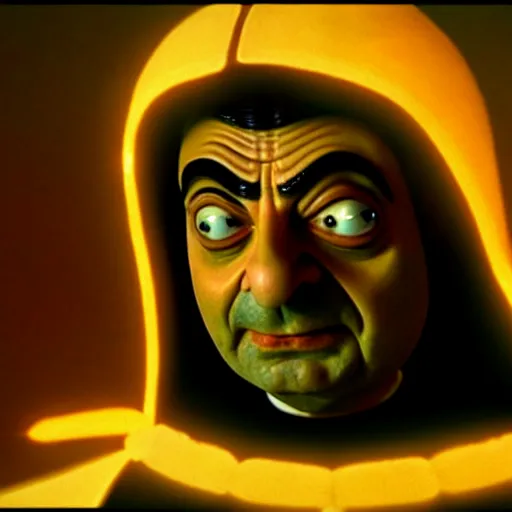 Image similar to mr. bean as dark emperor from star wars. movie still. cinematic lighting.