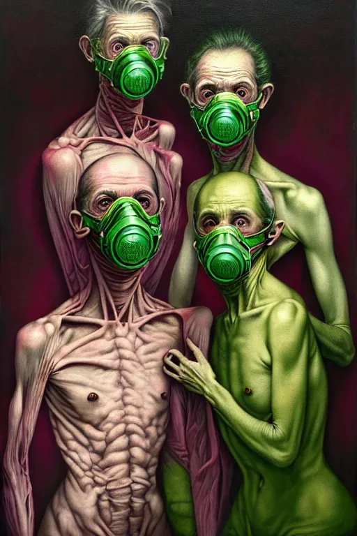 Prompt: two frail, skinny old people draped in fleshy green and pink, wearing gas masks connected to their hearts, inside an dystopian, abandoned hospital room, japanese textures and symbolism by ayami kojima, greg hildebrandt, mark ryden, hauntingly surreal, highly detailed painting part by charlie immer, jenny saville, soft light 4 k