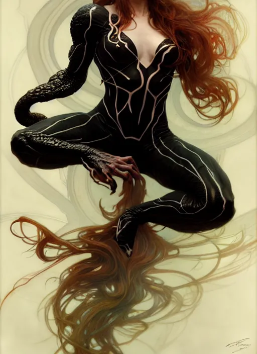 Image similar to Venom, diffuse lighting, fantasy, intricate, elegant, highly detailed, lifelike, photorealistic, digital painting, artstation, illustration, concept art, smooth, sharp focus, art by John Collier and Albert Aublet and Krenz Cushart and Artem Demura and Alphonse Mucha