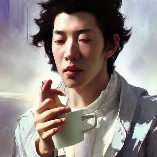 Image similar to A man drinking a cup of cosmic energy bright light, illustration by Ruan Jia and Mandy Jurgens and William-Adolphe Bouguereau, Artgerm, 4k, digital art, surreal, anime style, space dandy style, highly detailed, godsend, artstation, digital painting, concept art, smooth, sharp focus, illustration by Ruan Jia and Mandy Jurgens and William-Adolphe Bouguereau, Artgerm