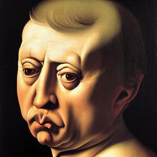 Image similar to a caravaggio portrait of donald frump, trumps much fatter and weirder looking cousin