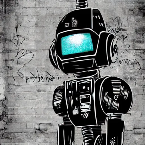 Prompt: chappie robot color graffiti, black and white zef design graffiti covering the wall behind, dark lighting, digital art