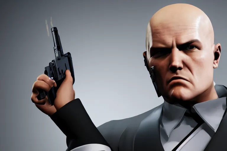 Image similar to a photo of agent 4 7 with his suit on holding a gun, photorealistic, 8 k, hd