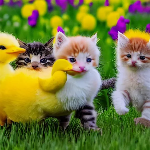 Image similar to photo of cute fluffy baby kittens chasing a cute yellow baby duck in a field of flowers, award - winning photograph, national geographic, perfect lighting