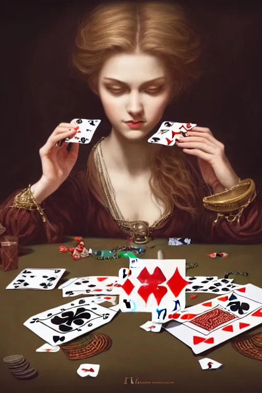 Image similar to firts person view of female hands looking at the table full of playing cards, fantasy, intricate, elegant, highly detailed, digital painting, artstation, concept art, addiction, chains, smooth, sharp focus, illustration, art by ilja repin