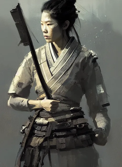 Prompt: female samurai, rule of thirds, intricate outfit, spotlight, by greg rutkowski, by jeremy mann, digital painting