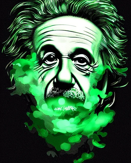 Prompt: einstein portrait, black green smoke matrix, noir, stylized liquid smoke twisting, dark fantasy, cinematic lighting, intricately detailed, liam brazier, petros afshar, peter mohrbacher, artstation