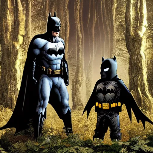 Image similar to batman meets groot in the woods digital art 4 k detailed super realistic