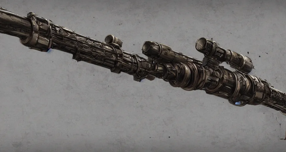 Prompt: Techno-biological rusty large-caliber rifle consisting of tumors, veins, bones, kidneys, wires. Biopunk, body-horror, high detail, photorealism, full length view, very rust, concept art, octane render, 16k, 8k