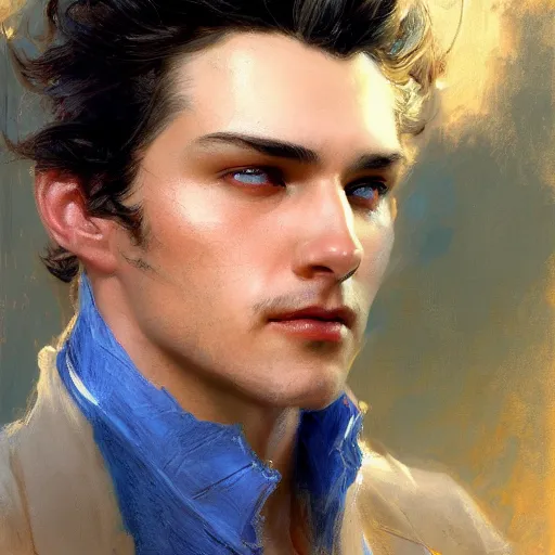 Prompt: detailed cinematic wide shot of beautiful attractive masculine man black hair slim face symettrical face clean skin blue eyes black clothes, ultra realistic, spring light, painting by gaston bussiere, craig mullins, j. c. leyendecker