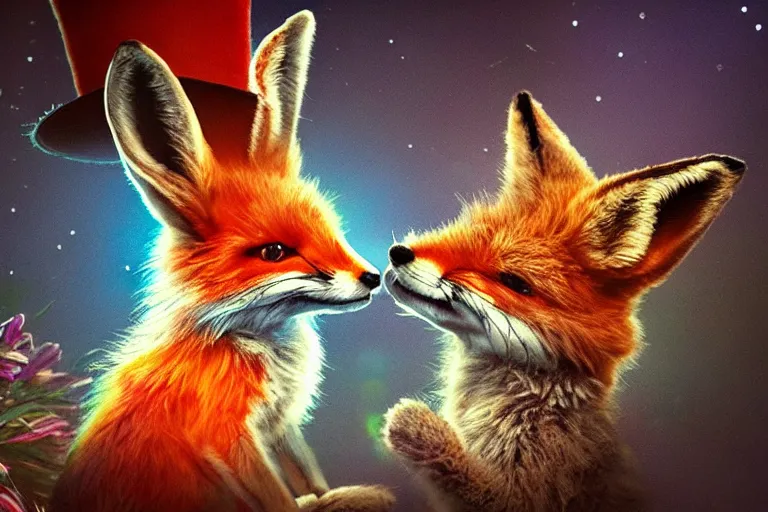 Image similar to the fox in the top hat whispered into the ear of the rabbit. photo - realistic hd, hyperrealism, colourful, highly detailed, cinematic, luminescence, 3 2 k, dop, high contrast, intricate, mystery, epic, fantasy