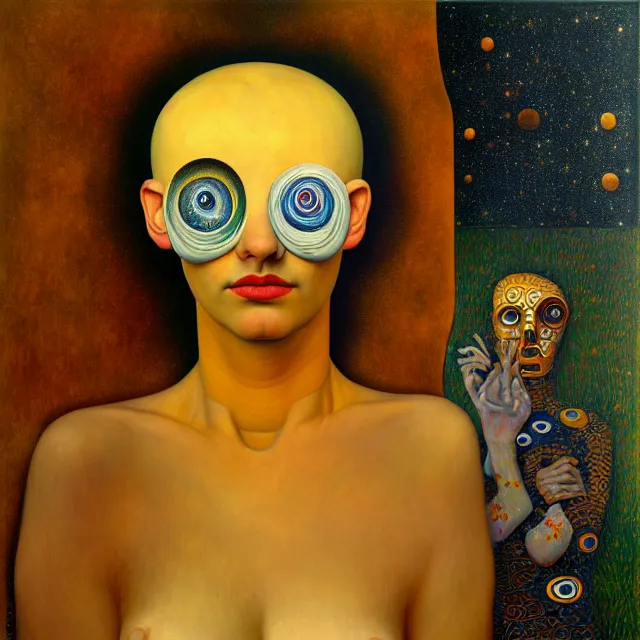 Image similar to an oil on canvas portrait painting, polycount, surrealism, surrealist, cosmic horror, grant wood, gustav klimt, high detail