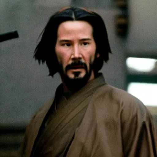 Image similar to cinematic film still of Keanu Reeves starring in a Steven Spielberg film as A Japanese Samurai at a temple, 1999, shallow depth of field, photograph, natural lighting