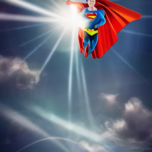 Prompt: A boy flying through the sky like Superman, digital art, lens flare