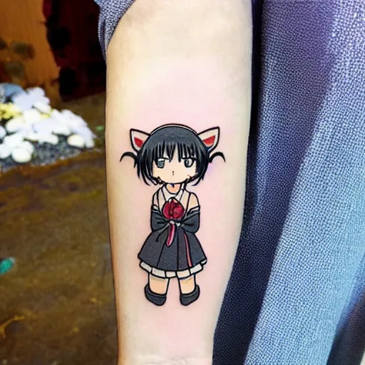 Prompt: anime manga catgirl robotic manga catgirl chibi kawaii by Hayao Miyazaki and Naoko Takeuchi, upper arm tattoo