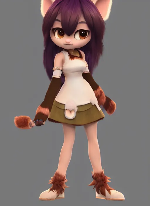 Image similar to female furry mini cute style, character adoptable, highly detailed, rendered, ray - tracing, cgi animated, 3 d demo reel avatar, style of maple story and zootopia, maple story spirit girl, good spirit, dark skin, cool clothes, soft shade, soft lighting