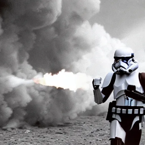 Prompt: Stormtrooper fighting in WW2, there are explosions and smoke