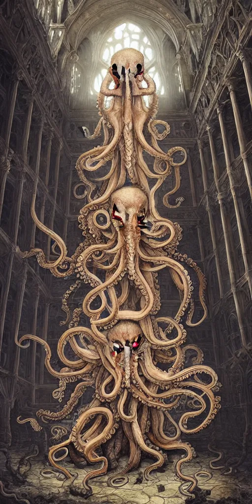 Prompt: group of mankind species mages with enormous translucent octopus heads floating around inside an ancient mage castle hall colossal scale, gothic and baroque, brutalist architecture, ultradetailed, intricate details by Ellen Jewett and Josan Gonzalez and Giuseppe Arcimboldo